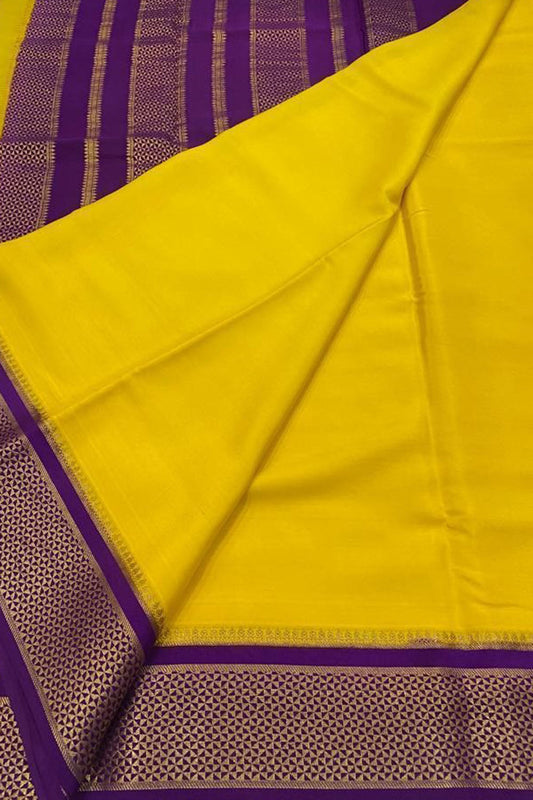 Yellow And Purple Mysore Handloom Pure Crepe Silk Saree