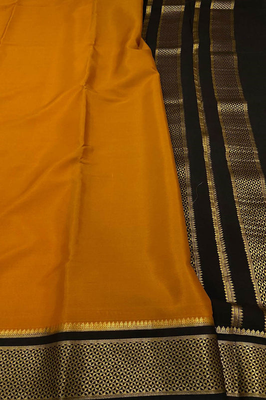 Yellow And Black Mysore Handloom Pure Crepe Silk Saree - Luxurion World