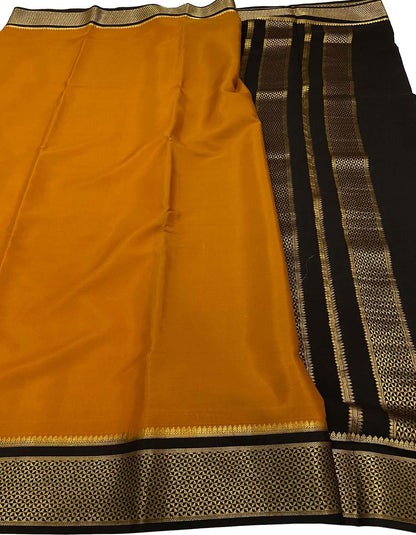 Yellow And Black Mysore Handloom Pure Crepe Silk Saree - Luxurion World