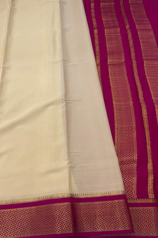 Off White And Pink Mysore Handloom Pure Crepe Silk Saree