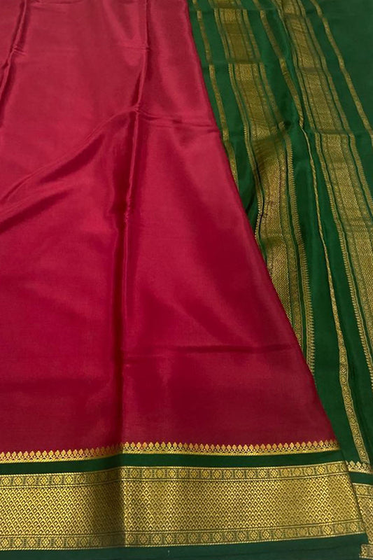 Pink And Green Mysore Handloom Pure Crepe Silk Saree