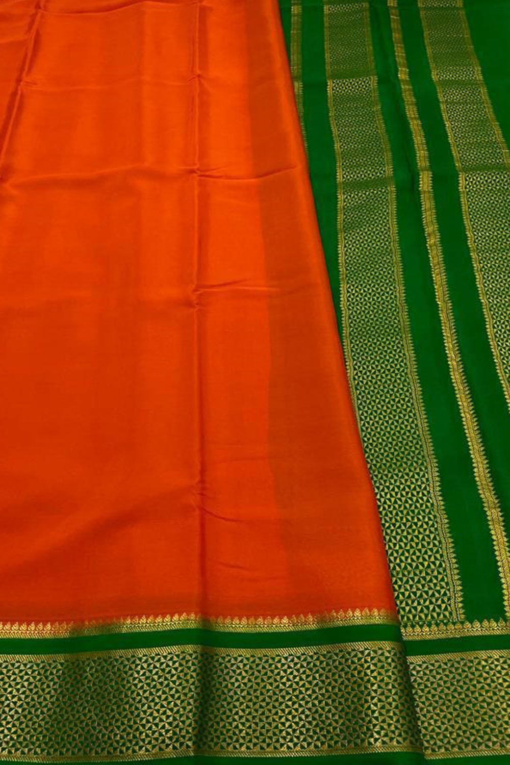 Orange And Green Mysore Handloom Pure Crepe Silk Saree - Luxurion World