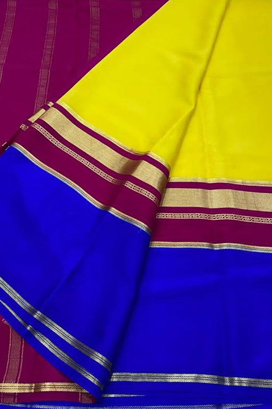 Yellow Mysore Handloom Pure Crepe Silk Saree