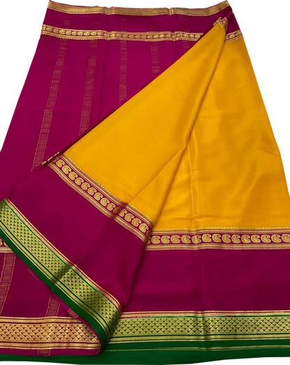 Yellow Mysore Handloom Pure Crepe Silk Saree - Luxurion World