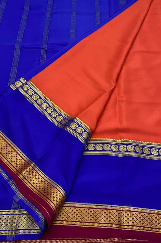 Orange Mysore Handloom Pure Crepe Silk Saree - Luxurion World