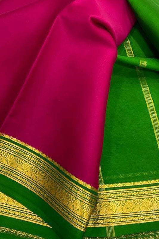 Pink And Green Mysore Handloom Pure Crepe Silk Saree