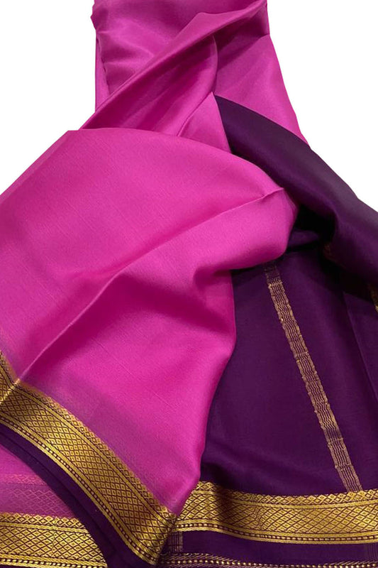 Pink And Purple Mysore Handloom Pure Crepe Silk Saree - Luxurion World