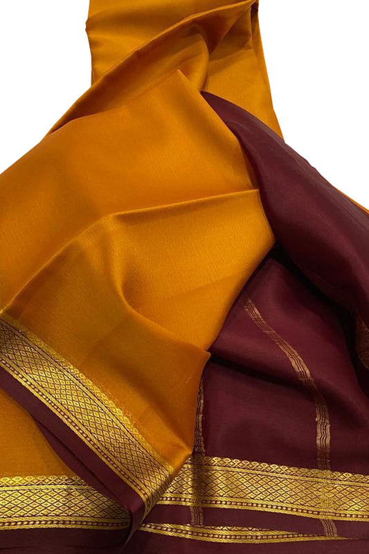 Orange And Maroon Mysore Handloom Pure Crepe Silk Saree