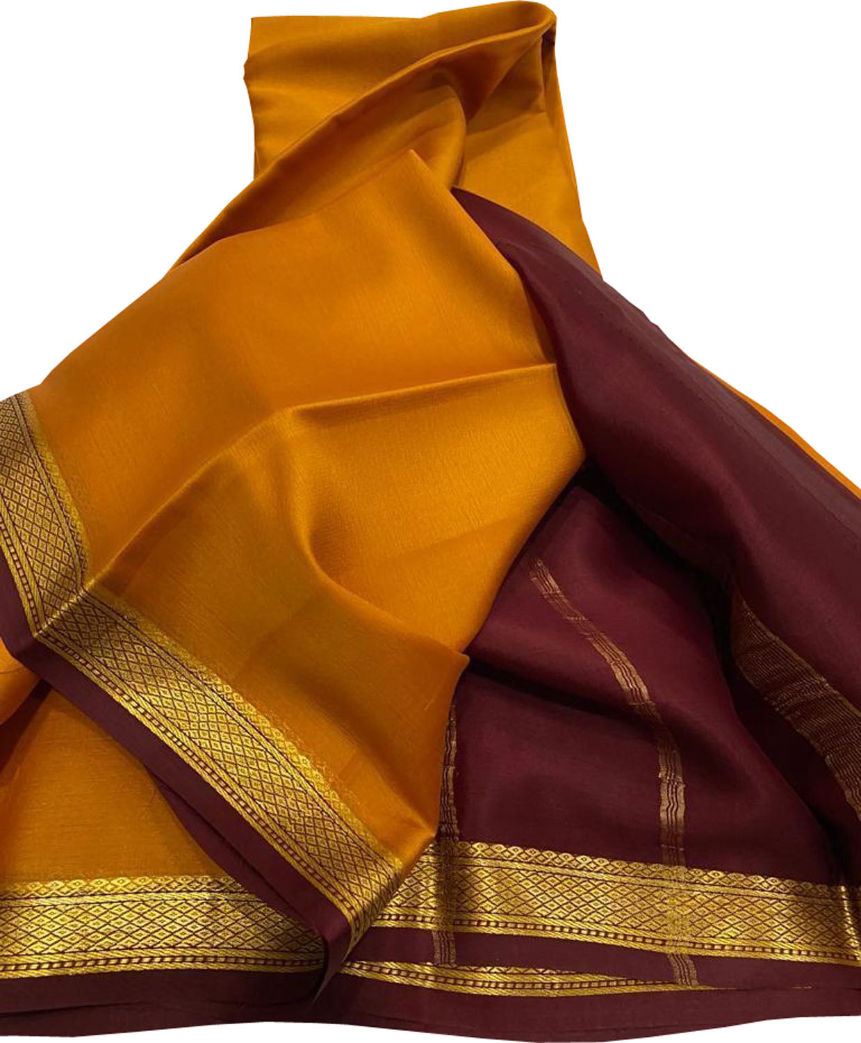 Orange And Maroon Mysore Handloom Pure Crepe Silk Saree - Luxurion World