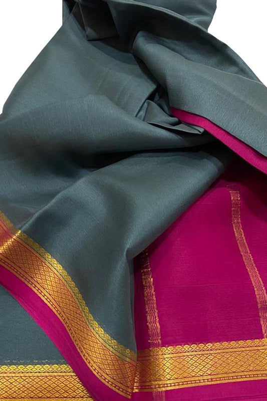 Grey And Pink Mysore Handloom Pure Crepe Silk Saree