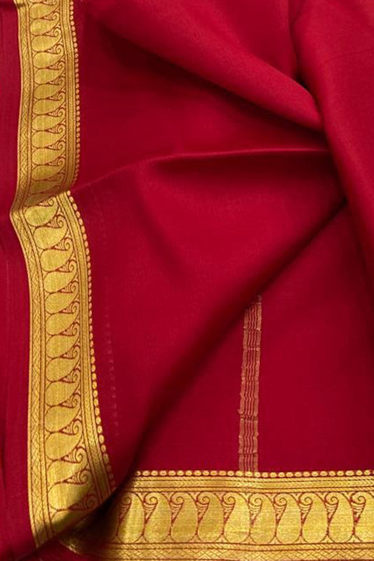 Red Mysore Handloom Plain Pure Crepe Silk Saree - Luxurion World