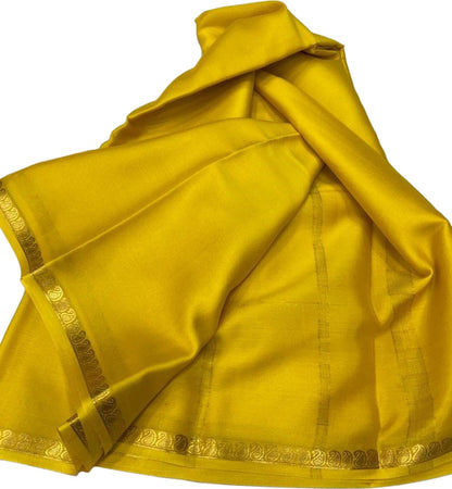 Yellow Mysore Handloom Plain Pure Crepe Silk Saree - Luxurion World