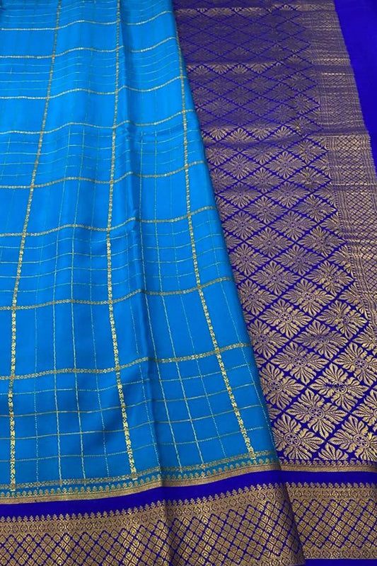 Blue Mysore Handloom Pure Crepe Silk Saree