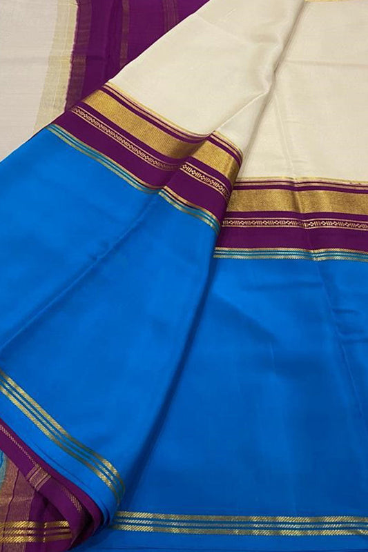 Elegant Off White Mysore Handloom Pure Crepe Silk Saree