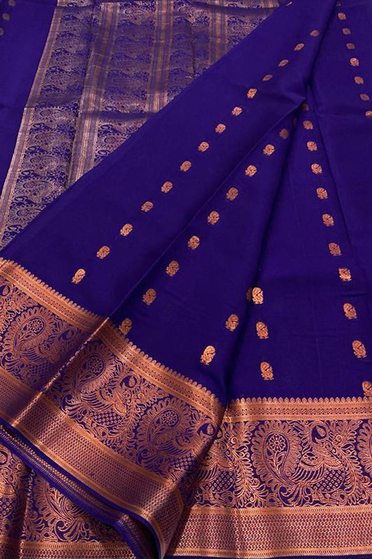 Elegant Blue Mysore Handloom Pure Crepe Silk Saree - Luxurion World