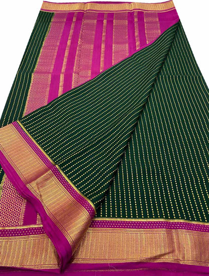 Elegant Green Crepe Silk Saree - Handloom Mysore Craftsmanship - Luxurion World
