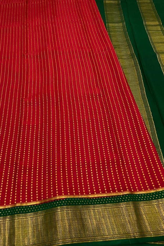 Exquisite Red Mysore Crepe Silk Saree - Handloom Beauty