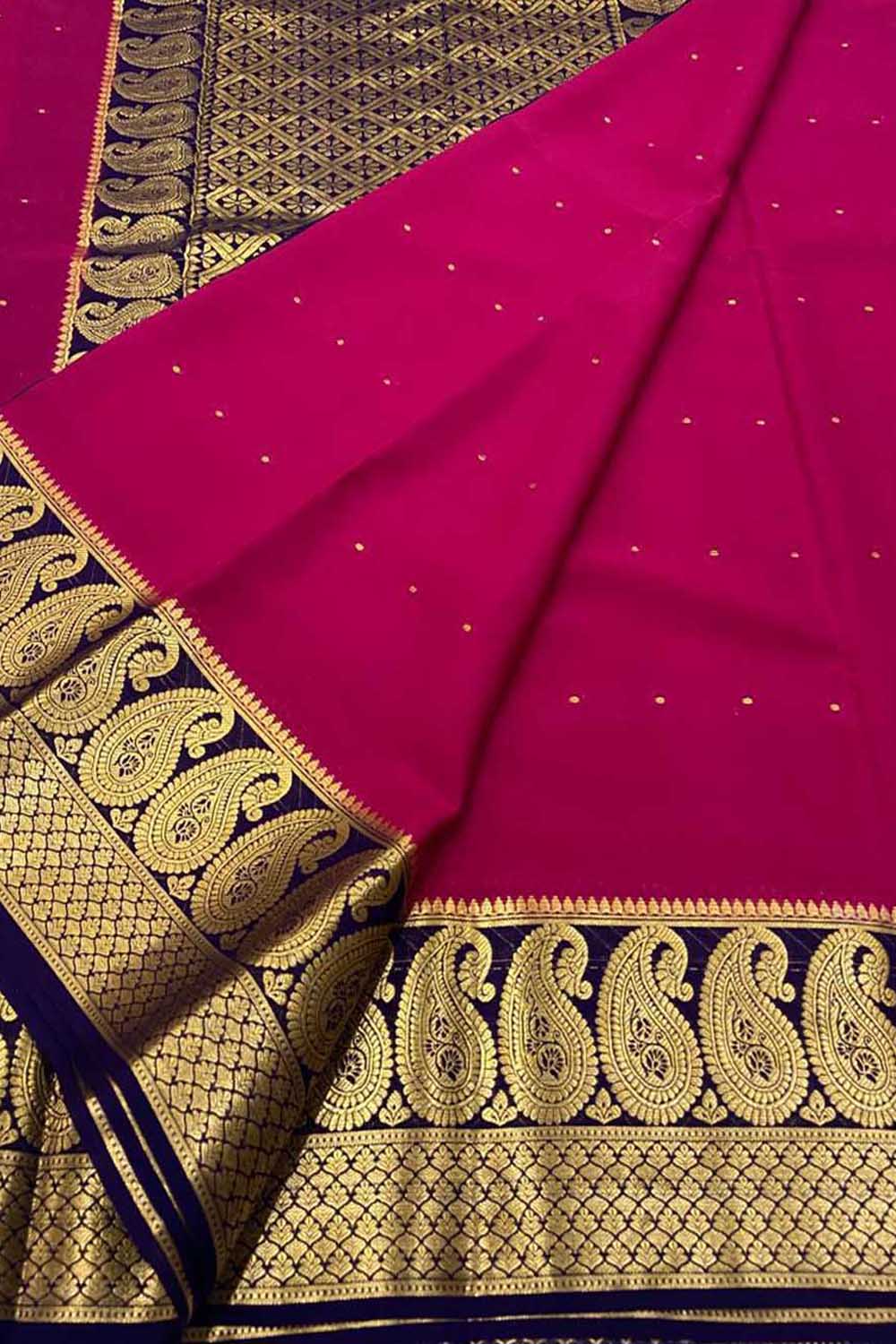 Exquisite Pink Mysore Handloom Pure Crepe Silk Saree - Luxurion World
