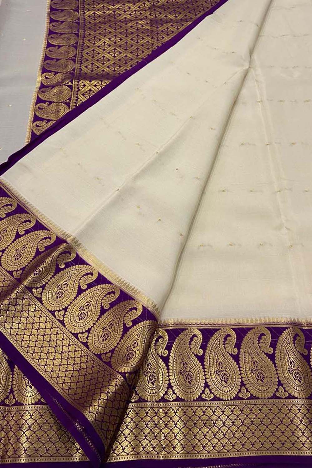 Elegant Off White Crepe Silk Saree - Handloom Mysore Silk - Luxurion World