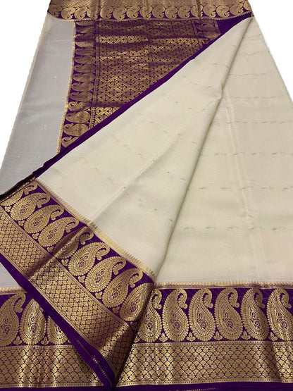 Elegant Off White Crepe Silk Saree - Handloom Mysore Silk - Luxurion World