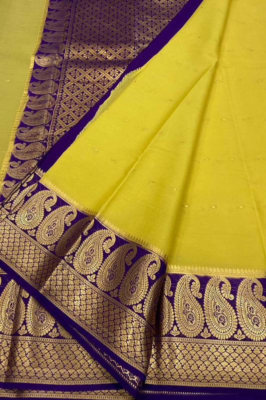 Yellow Mysore Handloom Pure Crepe Silk Saree - Elegant and Luxurious - Luxurion World
