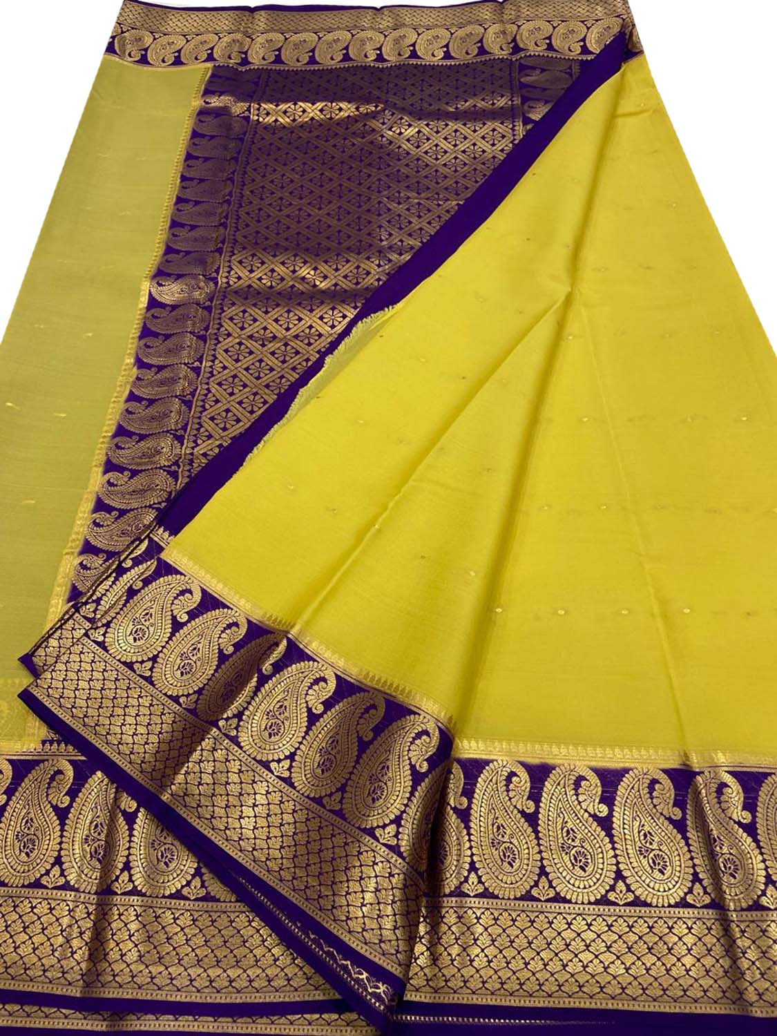 Yellow Mysore Handloom Pure Crepe Silk Saree - Elegant and Luxurious - Luxurion World