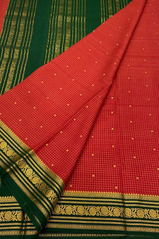 Elegant Red Mysore Silk Saree: Handloom Crepe Silk