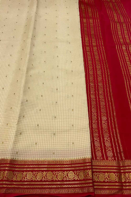 Elegant Off White Crepe Silk Saree - Handloom Mysore Crafted - Luxurion World