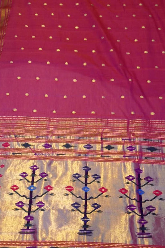 Pure Cotton Pink Paithani Handloom Saree - Traditional Elegance - Luxurion World