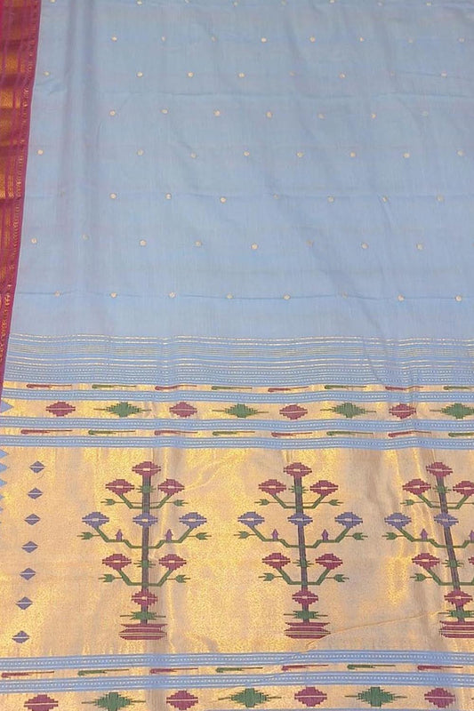 Pure Cotton Blue Paithani Handloom Saree: Traditional Elegance - Luxurion World
