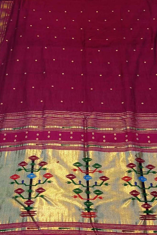 Pure Cotton Maroon Paithani Handloom Saree - Traditional Elegance - Luxurion World