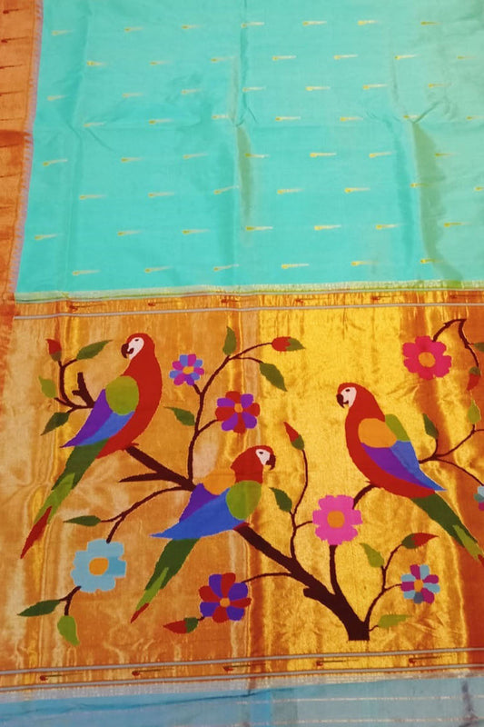 Blue Paithani Handloom Pure Silk Parrot Design Muniya Border Saree - Luxurion World