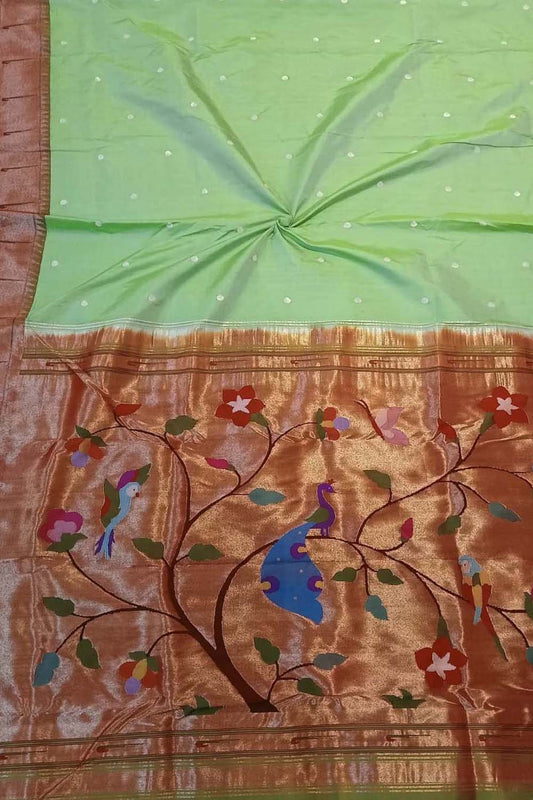 Green Paithani Handloom Pure Silk Peacock Design Muniya Border Saree - Luxurion World