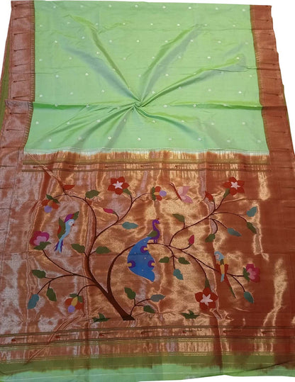 Green Paithani Handloom Pure Silk Peacock Design Muniya Border Saree - Luxurion World