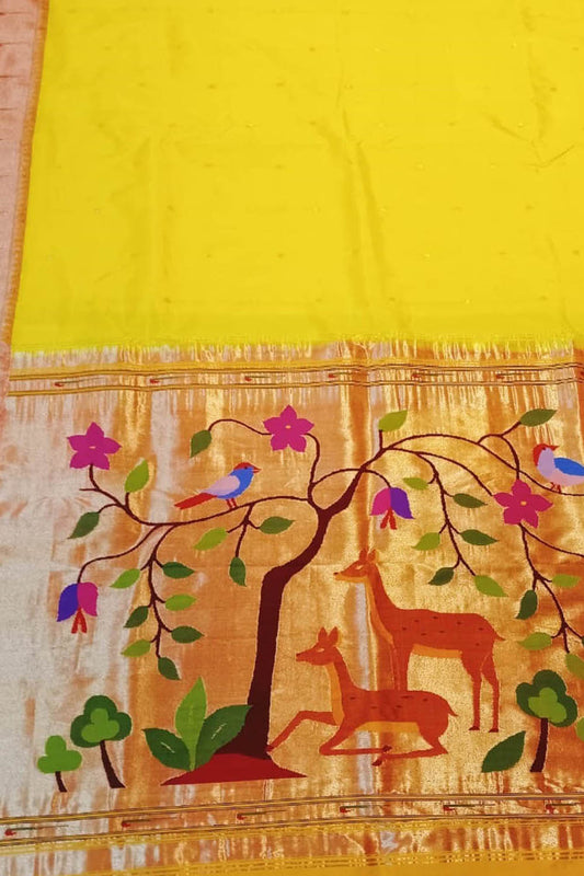 Yellow Paithani Handloom Pure Silk Muniya Border Saree - Luxurion World