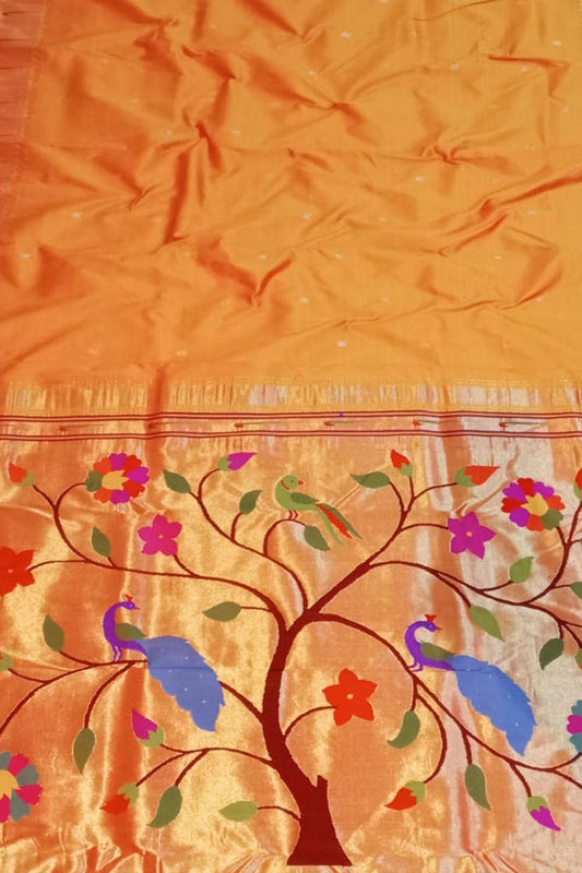 Orange Paithani Handloom Pure Silk Peacock Design Muniya Border Saree