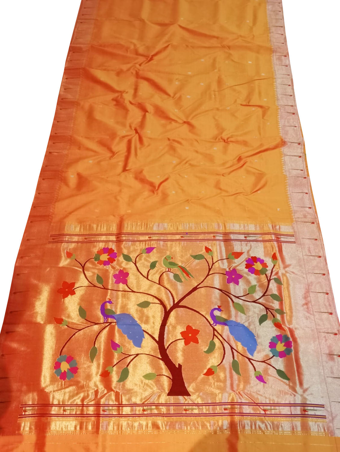 Orange Paithani Handloom Pure Silk Peacock Design Muniya Border Saree - Luxurion World