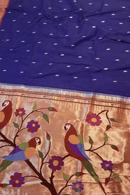 Blue Paithani Handloom Pure Silk Parrot Design Muniya Border Saree - Luxurion World