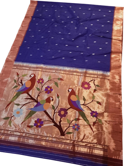 Blue Paithani Handloom Pure Silk Parrot Design Muniya Border Saree