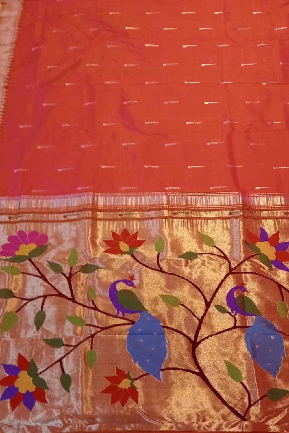 Red And Orange Shot Paithani Handloom Pure Silk Peacock Design Muniya Border Saree - Luxurion World