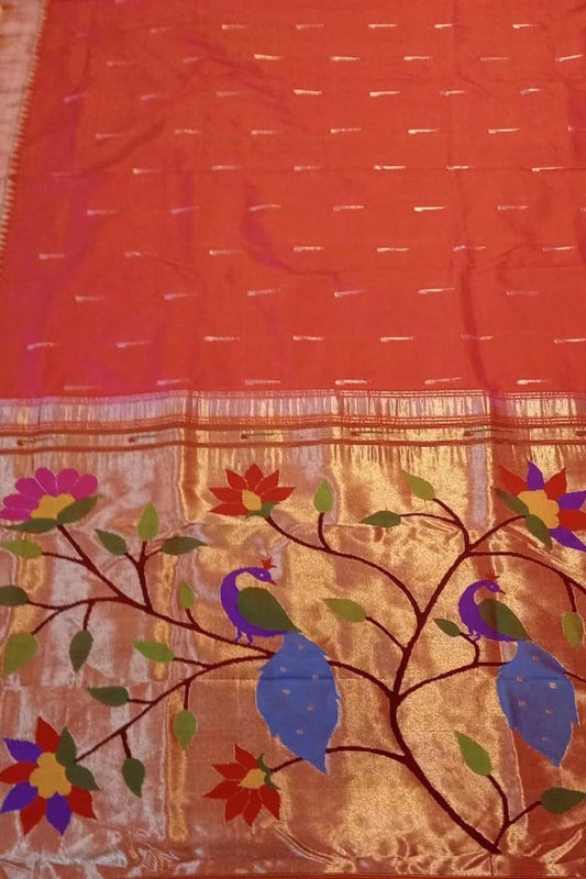 Red And Orange Shot Paithani Handloom Pure Silk Peacock Design Muniya Border Saree - Luxurion World