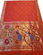Red And Orange Shot Paithani Handloom Pure Silk Peacock Design Muniya Border Saree - Luxurion World
