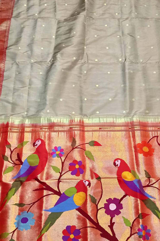 Elegant Grey Paithani Silk Saree with Muniya Border - Luxurion World