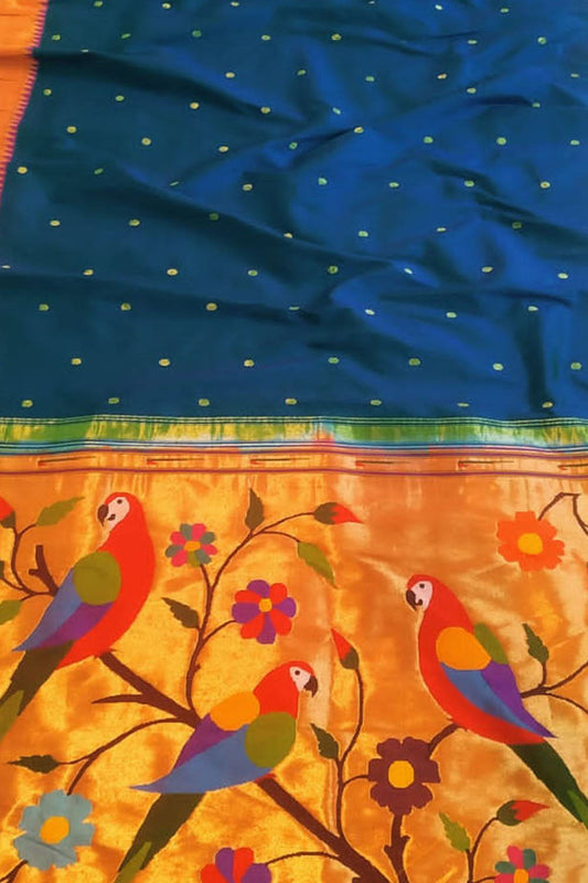 Blue Paithani Handloom Pure Silk Muniya Border Saree - Luxurion World