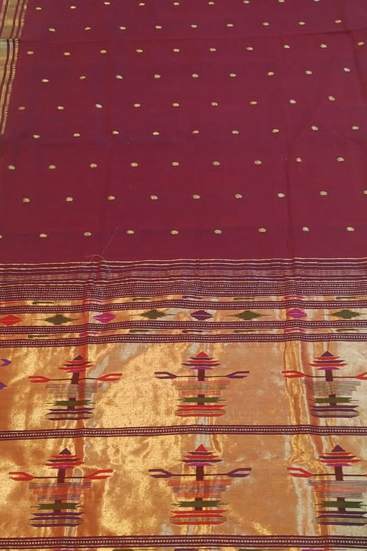 Maroon Paithani Handloom Pure Cotton Saree - Luxurion World