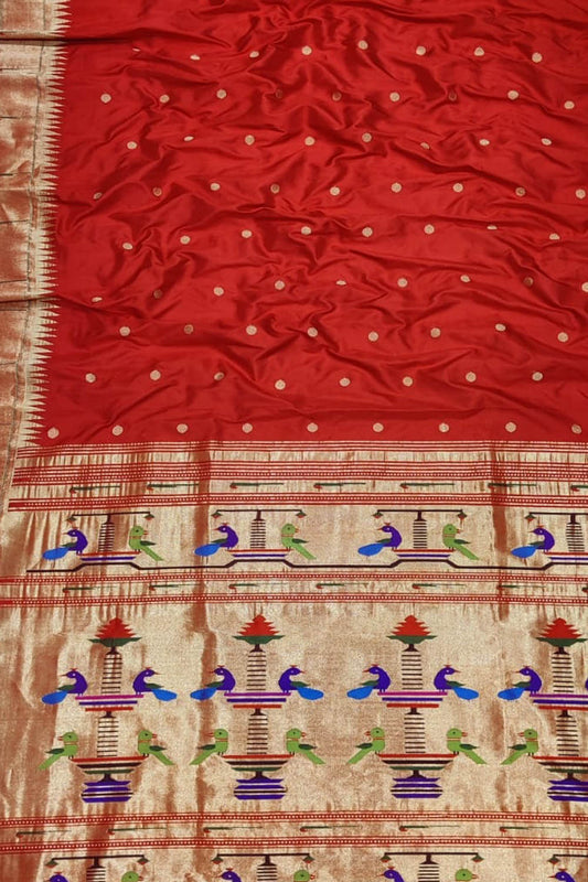 Red Handloom Paithani Pure Silk Single Muniya Border Saree - Luxurion World