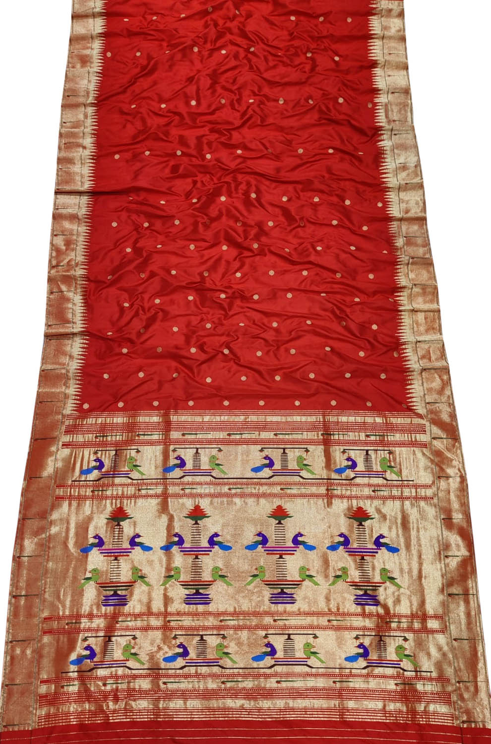 Red Handloom Paithani Pure Silk Single Muniya Border Saree - Luxurion World