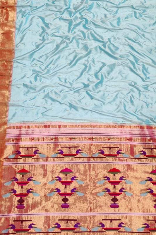 Blue Handloom Paithani Pure Silk Single Muniya Border Saree - Luxurion World