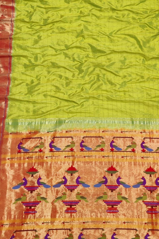 Green Handloom Paithani Pure Silk Single Muniya Border Saree - Luxurion World