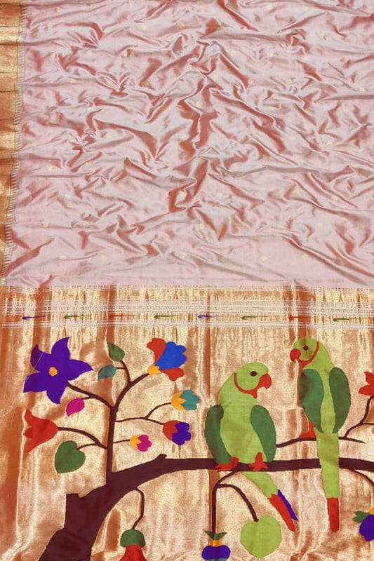 Pink Handloom Paithani Pure Silk Parrot Design Muniya Border Saree - Luxurion World